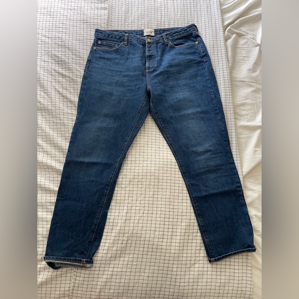 Sezane Denim Button Fly High Rise Straight Leg Jeans.